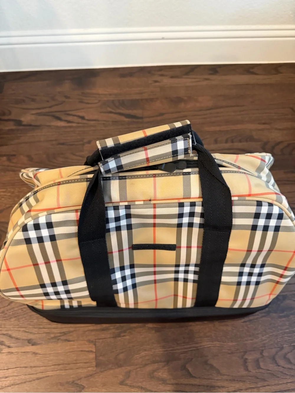 Burberry Beige Plaid Duffel with Black Base and Straps